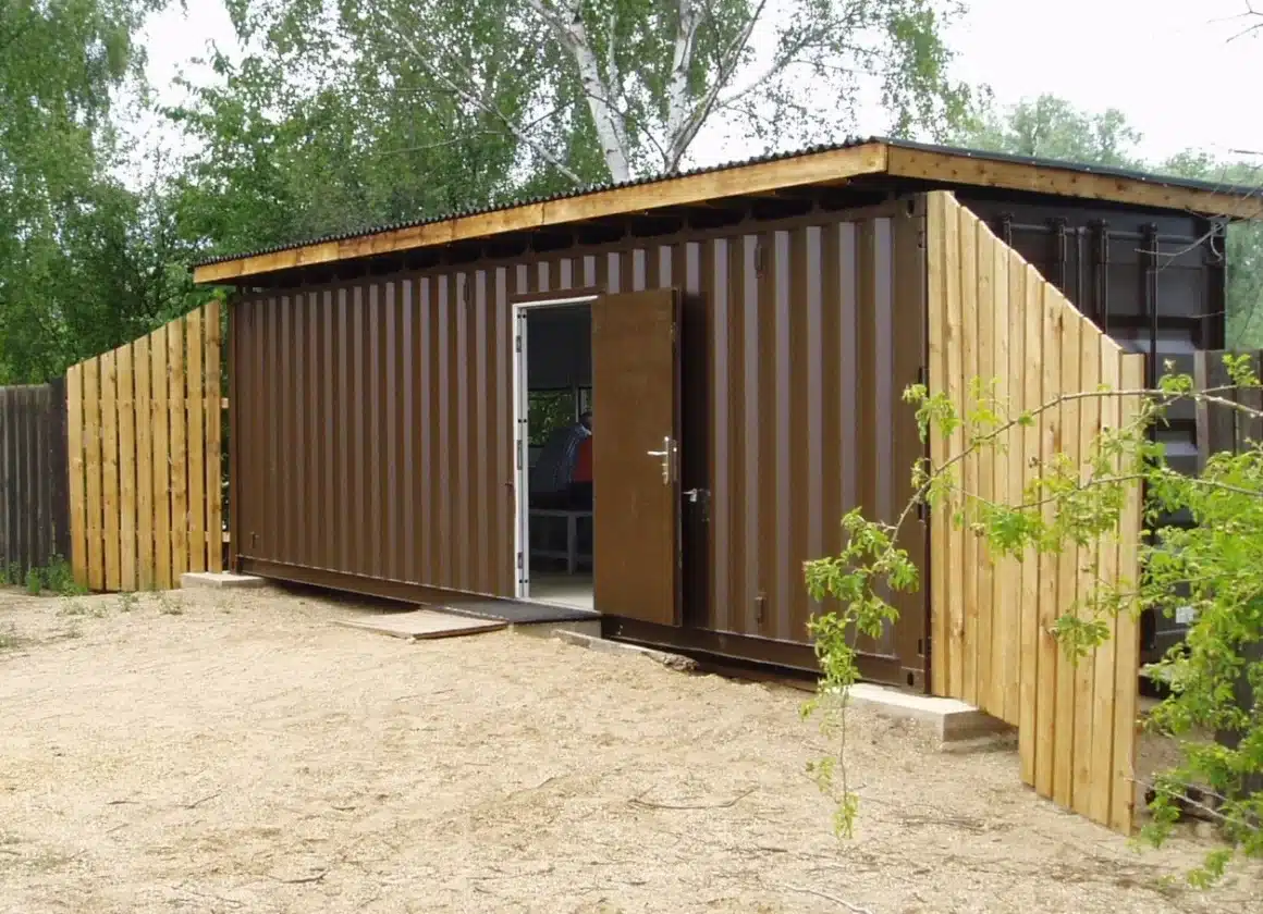 Brown container with wooden exterior