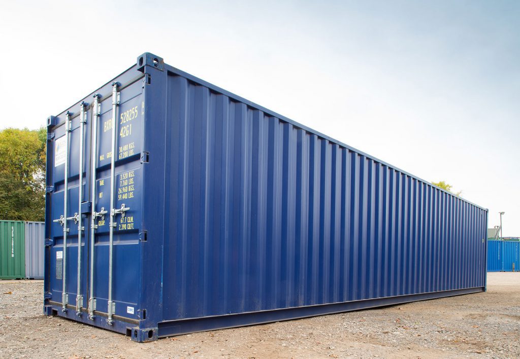 Right hand view of 40ft container in blue