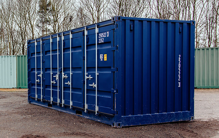 Blue shipping container side view