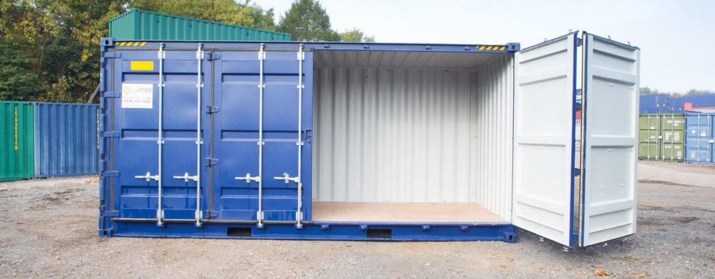 One side door open on blue container