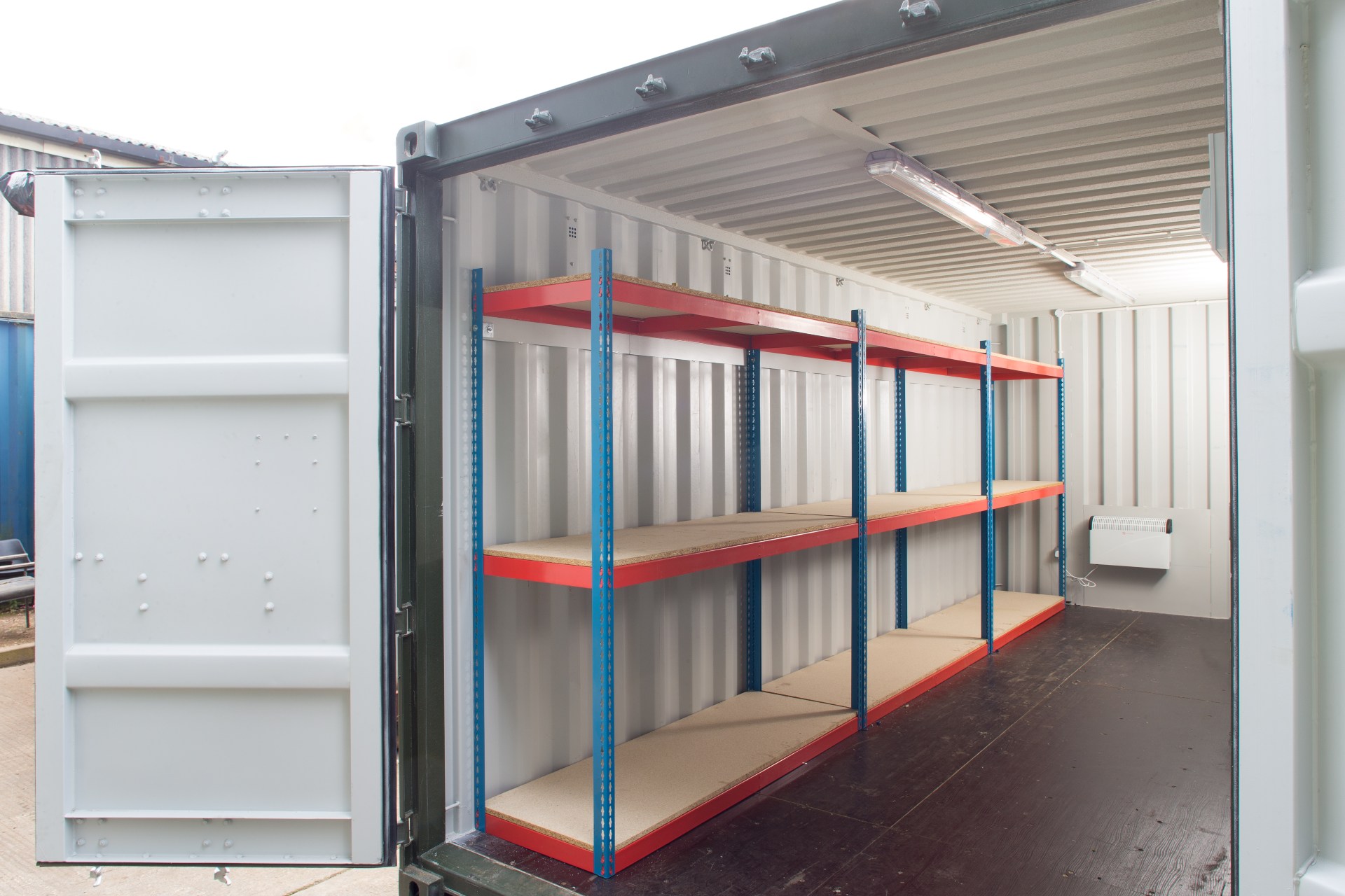 Red and blue container shelving