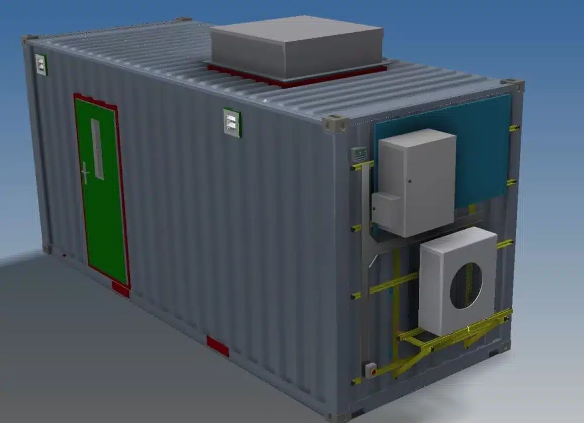 CGI grey container with green door