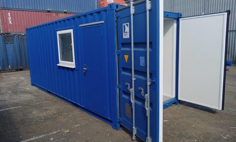 blue container with white doors both open side window and door