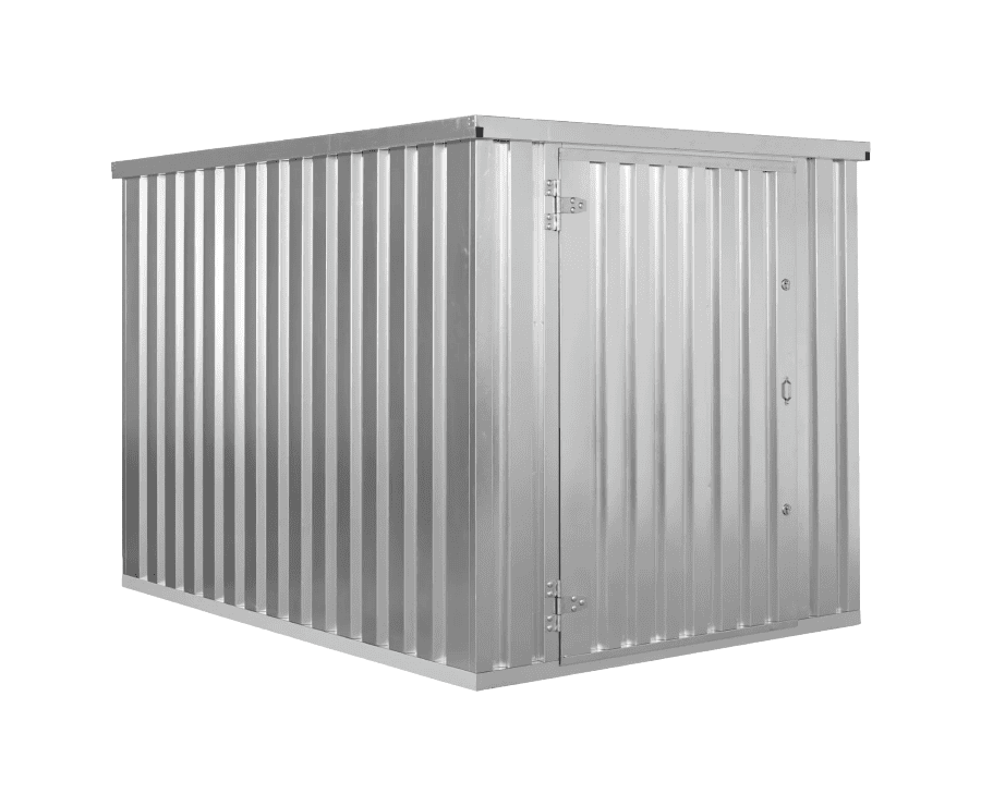 A silver, corrugated metal storage shed with a flat roof and a single hinged door on the right side.