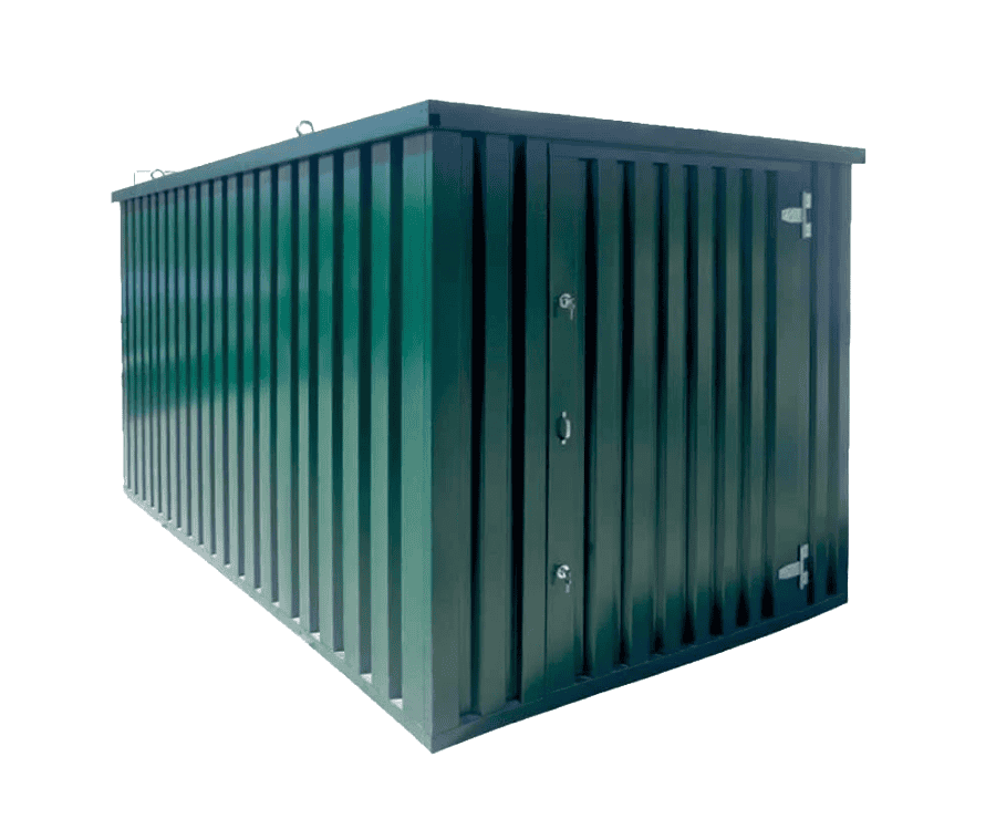 A dark green, corrugated metal storage shed with a flat roof and a single hinged door on the right side