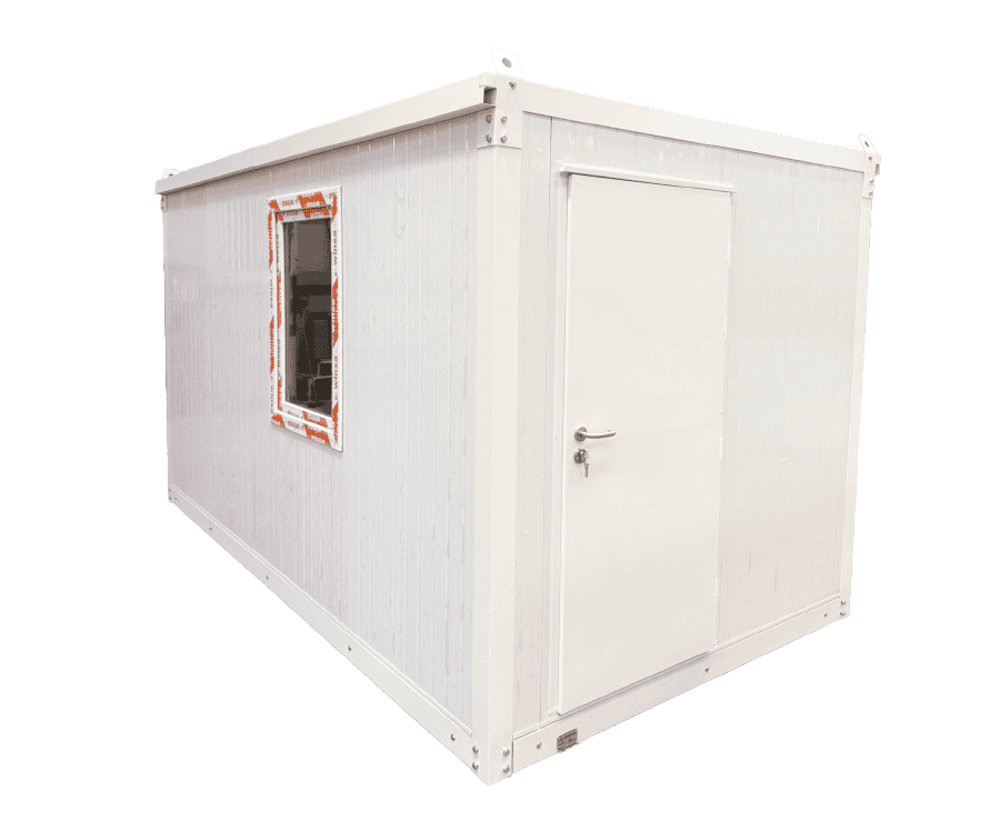 A compact, white modular office unit with a flat roof, a single door with a lock, and a window on the left side that is partially covered with protective tape.