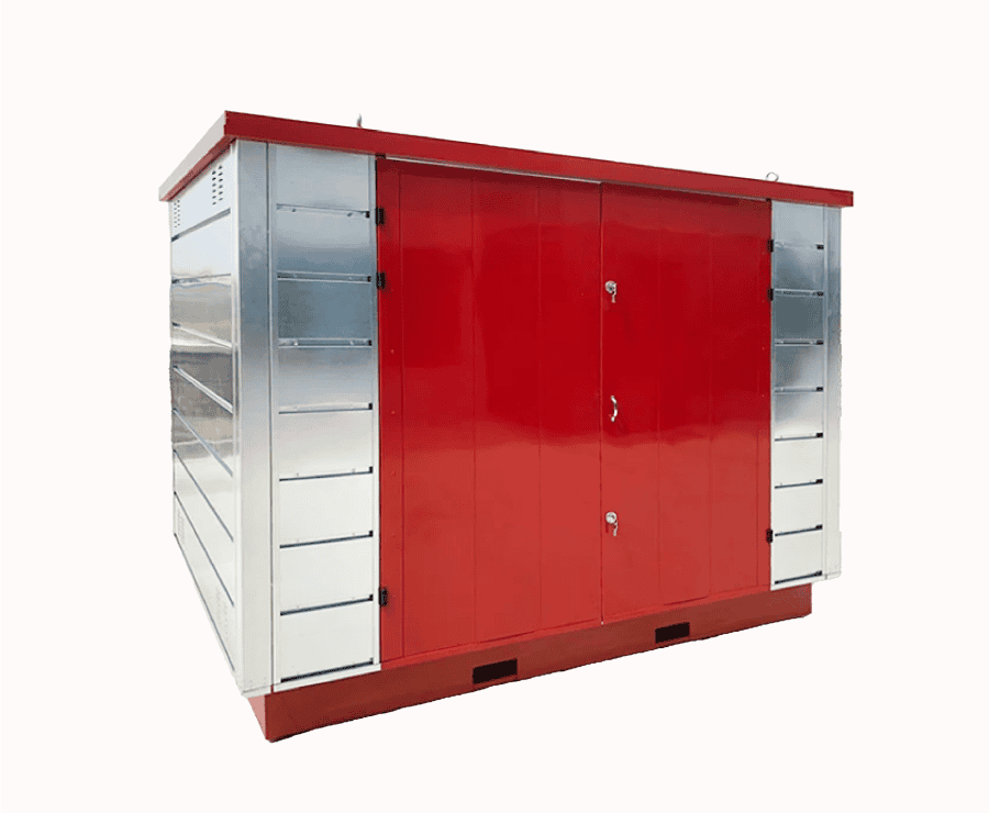 A red and silver metal chemical storage unit with a flat roof, double doors in the center, and galvanised panels on the sides.