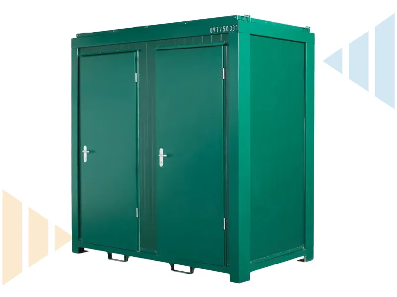 Green twin cubicle portable toilet unit with double steel doors, manufactured from galvanised, coated steel for durability. Built with PU foam insulation and cement-bonded chipboard flooring for strength and long-term outdoor use.