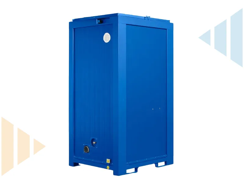 Rear angled view of a single portable toilet cabin in durable blue steel, featuring ventilation outlets and plumbing access points for connection to water and waste systems, ideal for remote site sanitation.