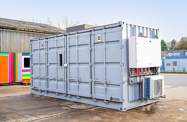 Fire-rated lithium-ion battery storage container with climate control and secure housing, engineered by S Jones Containers for safe, compliant energy storage solutions in the UK.