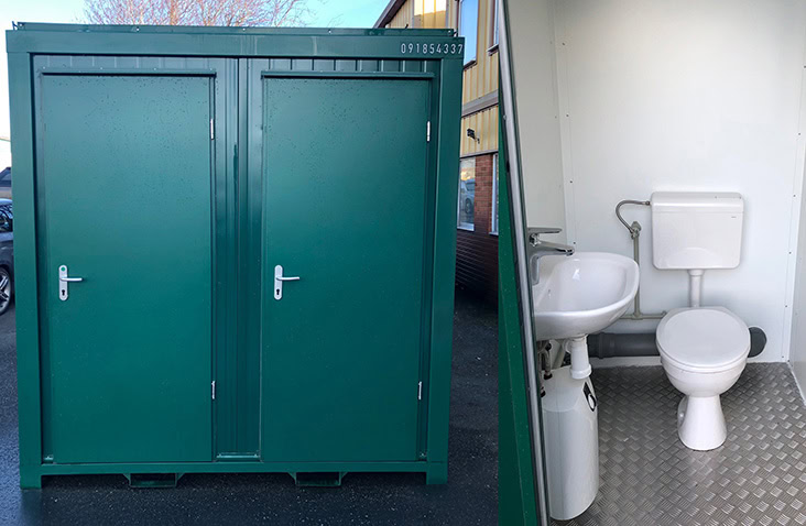 Portable modular toilet units with single and double cubicle options, complete with sinks for staff welfare, events and site facilities.