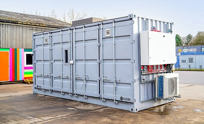 Fire-rated lithium-ion battery storage container with climate control and secure housing, engineered by S Jones Containers for safe, compliant energy storage solutions in the UK.