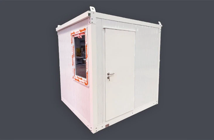     2m x 2m white flat pack office unit with single door and window, designed as a portable workspace or site office. 