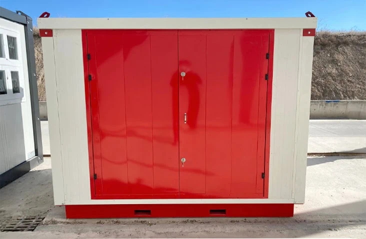 Front view of a white insulated flat pack chemical storage unit with large red double doors and raised base, designed for COSHH-compliant storage of hazardous liquids and chemicals