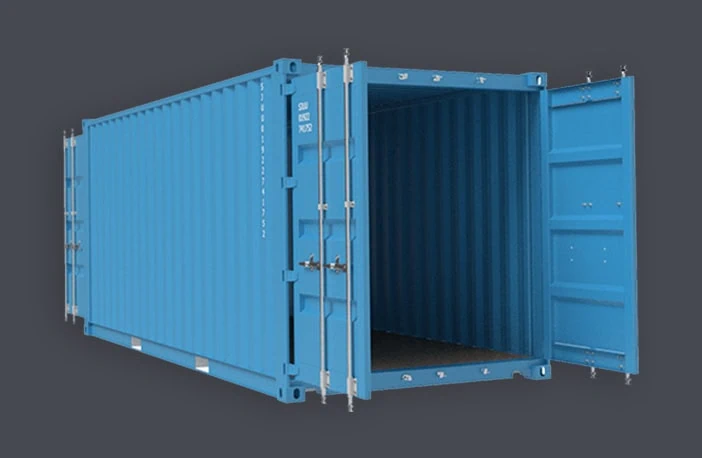 3D render of a blue 20ft high cube tunnel shipping container with both sets of doors open, showing the empty interior against a grey background.