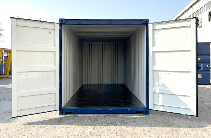 Open S Jones Containers 20ft shipping container in RAL5013 blue, with cargo doors fully open to reveal clean interior and durable flooring.