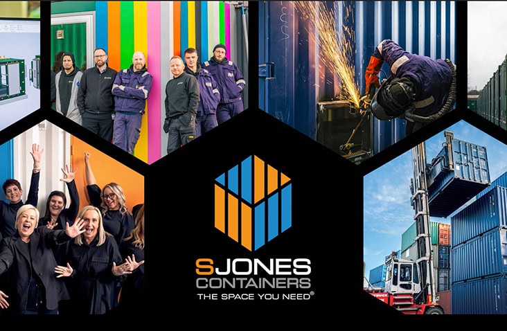 Collage of S Jones Containers team and operations, featuring staff in offices and workshops, container modification and welding work, container stacking with forklifts, and the S Jones Containers logo with the tagline 'The Space You Need' in the centre.