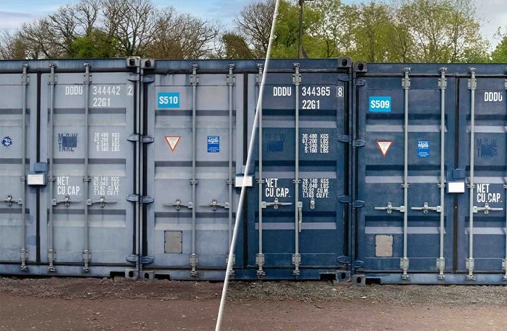     Side-by-side before-and-after comparison of a weathered shipping container restored to a vibrant finish using ClearRestore® colour restoration. 