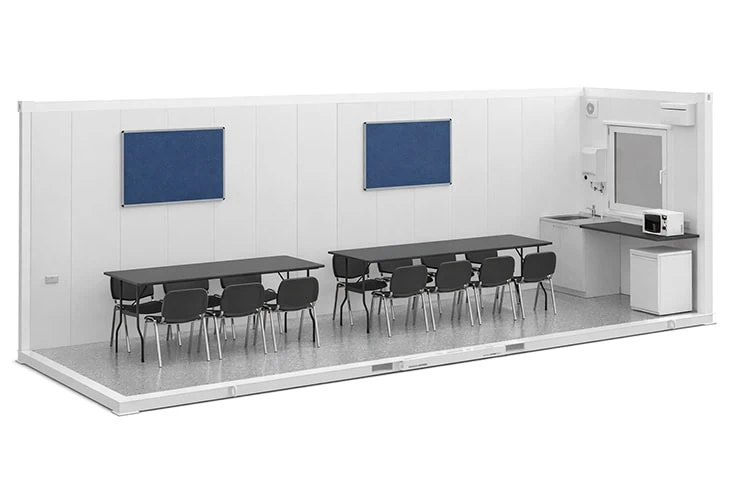     20ft x 8ft site canteen accommodation unit with tables and chairs, insulated white interior panels, notice boards and kitchenette area, designed for construction site welfare and staff break facilities. 