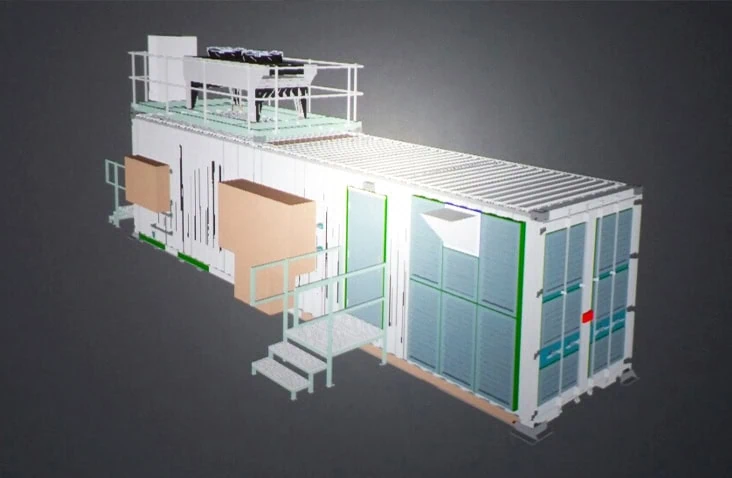 3D CAD drawing of a bespoke containerised energy enclosure, showing a modified shipping container housing liquid air energy equipment with external access doors, ventilation panels, rooftop plant, and integrated access platform, designed for industrial energy storage and process applications.