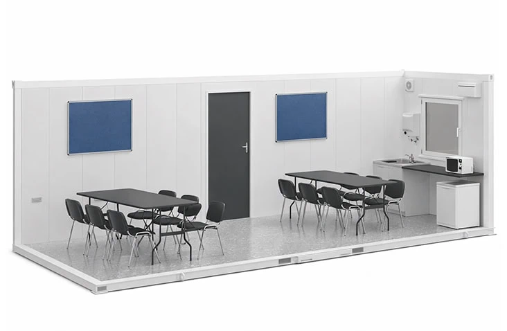     32ft x 10ft site canteen unit with multiple dining tables, chairs and kitchenette, spacious welfare accommodation for larger construction sites and temporary workforce catering. 