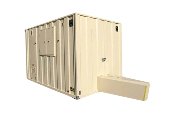 Cream self-contained welfare unit with external access door and integrated service panels, used for construction site welfare hire, providing on-site toilet and welfare facilities for site operatives. 