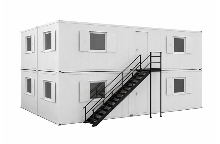     Stacked site canteen accommodation units with external staircase access, multi-storey welfare cabins providing large-scale catering and break facilities on construction and industrial sites. 
