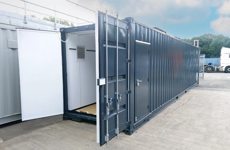 40ft high cube container converted for generator testing, showing a dark grey shipping container with open cargo doors, insulated interior and personnel access door designed for power generation and testing applications. 