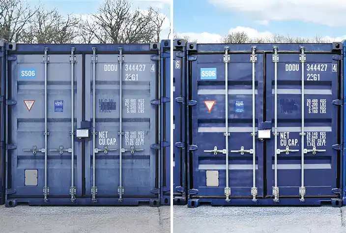 Side-by-side comparison of a blue shipping container before and after ClearRestore treatment, showing restoration of faded paintwork and improved finish without repainting, highlighting S Jones Containers’ container repair and refurbishment service.