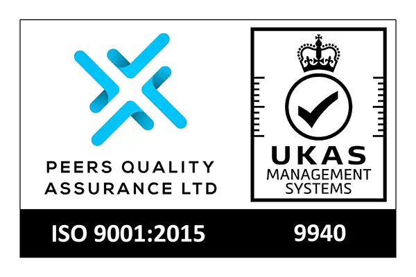 Peers Quality Assurance Ltd logo shown with the UKAS Management Systems mark, indicating ISO 9001:2015 quality management system certification and accreditation number 9940. 