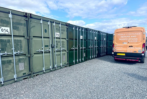 ClearRestore container restoration service in action, showing a visible contrast between treated and untreated shipping containers. The image highlights how S Jones Containers' mobile container repair team can revive faded paintwork, restore colour and improve the appearance of shipping containers without the need for repainting or removing the container from service.