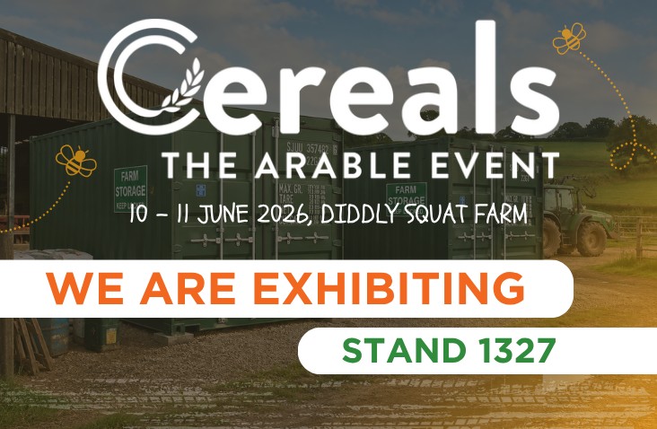 Promotional graphic announcing S Jones Containers' attendance at Cereals 2026, featuring farm storage containers in the background and highlighting Stand 1327 at the UK's leading arable farming event, held at Diddly Squat Farm.