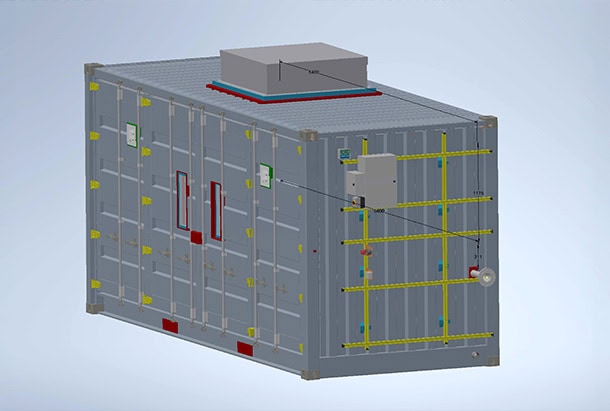 3D CAD model of S Jones Conversions' entry-level battery storage unit, Green Battery Store, showing a shipping container-based energy storage enclosure with integrated ventilation, electrical systems, fire safety features, and access doors designed for safe lithium-ion battery storage applications.