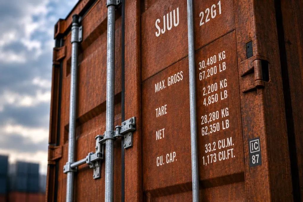 1. Close-up of a weathered Corten steel shipping container door, showing the naturally formed rust-coloured protective patina, locking bars, and standard container weight and capacity markings. The textured weathering steel surface is shown in detail against a cloudy sky, illustrating the corrosion-resistant finish used on shipping containers.