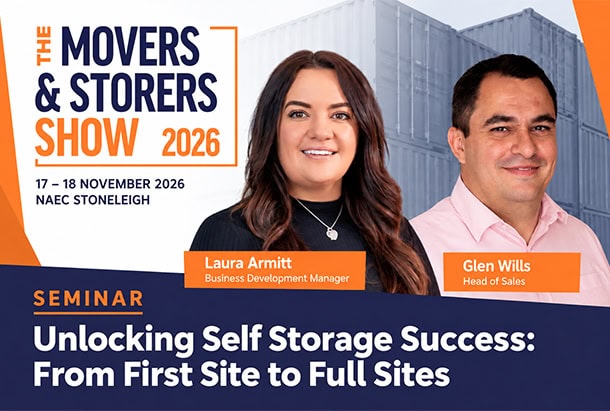 Promotional graphic announcing S Jones Containers' seminar at The Movers & Storers Show 2026, held at NAEC Stoneleigh on 17–18 November. Featuring headshots of Laura Armitt, Business Development Manager, and Glen Wills, Head of Sales, alongside shipping containers and the show's orange and navy branding. The seminar, titled 'Unlocking Self Storage Success: From First Site to Full Sites', takes place on 17 November and will offer practical insights for new and established containerised self storage operators.
